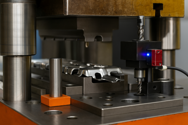 High-resolution close-up of a progressive stamping die featuring a guide post, lifter pin, in-die tapping head, and error-proofing sensor, with precision-stamped metal components visible, set against a blurred industrial background without any text or people.