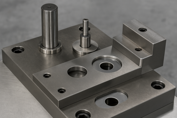 High-resolution close-up of a compound die unit equipped with OD/ID punching tools, a stripper plate, and a fine blanking backup, with polished steel surfaces and precision-machined components, set against a neutral background without any text or people.
