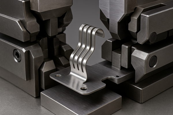 High-resolution image of a multi-slide machine forming a stainless steel clip with seven precise bends, showing opposing slides in operation, without any text or people.