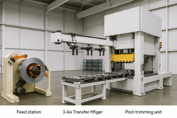 High-resolution image of a transfer press line showing a feed station, three-axis transfer fingers, deep drawing press, and post-trimming unit in a clean, modern industrial setting without any text or people.