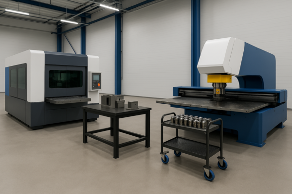 High-resolution image of a short-run production cell combining a laser cutting station, modular forming tools on a workbench, and a turret punch press with tooling stored on a wheeled cart, in a clean industrial workshop without any text or people.
