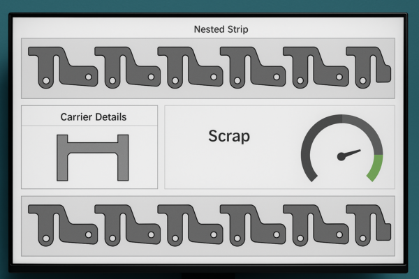High-resolution image of a computer screen displaying a nesting layout with mirrored strip patterns, carrier detail diagram, and a scrap percentage gauge, without any text or people.