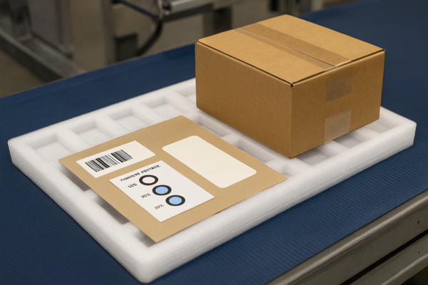 High-resolution image of a packaging line setup with a white foam tray holding a barcode label and a humidity indicator card, alongside a sealed cardboard box, all placed on a conveyor belt, without any text or people.