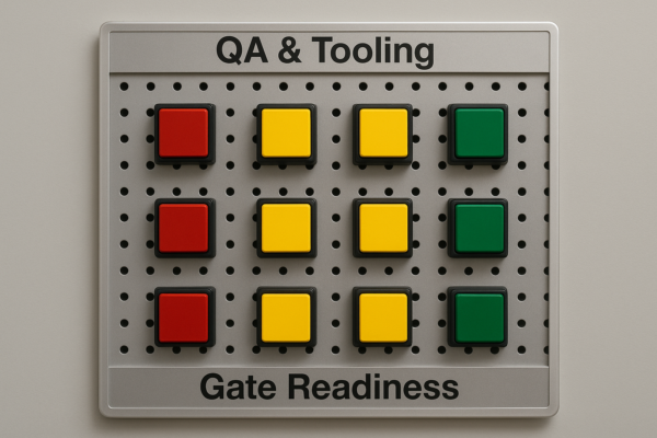 High-resolution image of a QA and Tooling Gate Readiness board with a silver-framed perforated panel featuring nine square indicator lights in red, yellow, and green, arranged in three rows and columns, mounted on a neutral wall with no text or people present.