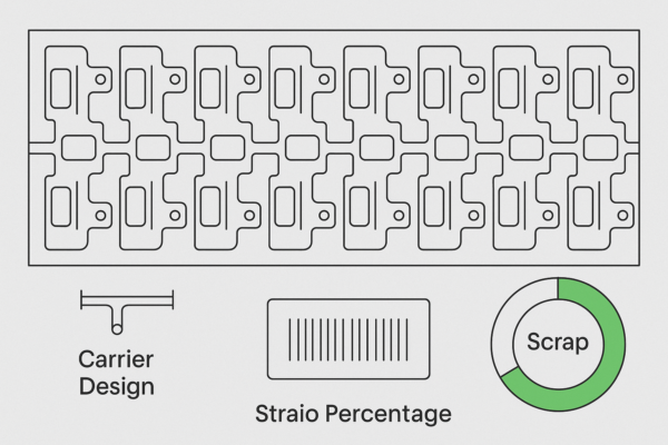 High-resolution 2D illustration of a step-by-step strip layout featuring mirrored nesting, a carrier design diagram, and an overlaid scrap percentage gauge, without any text or people.