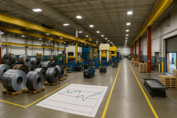High-resolution panoramic view of a manufacturing plant showing the workflow from coil storage to progressive stamping presses and shipping dock.