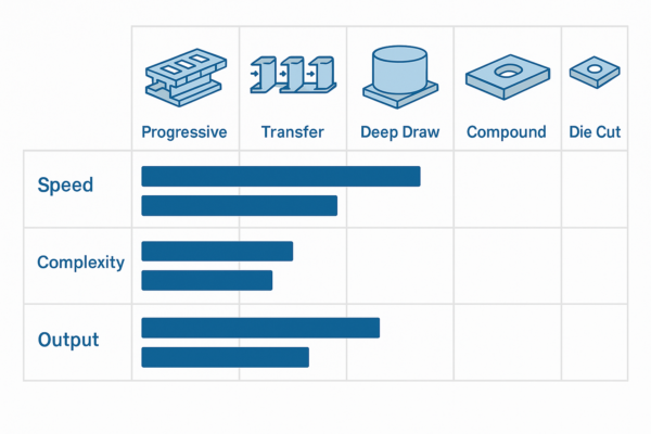 High-resolution image of a process matrix comparing progressive, transfer, deep draw, compound, and die cut stamping methods by speed, complexity, and output using iconography and bar graphs.