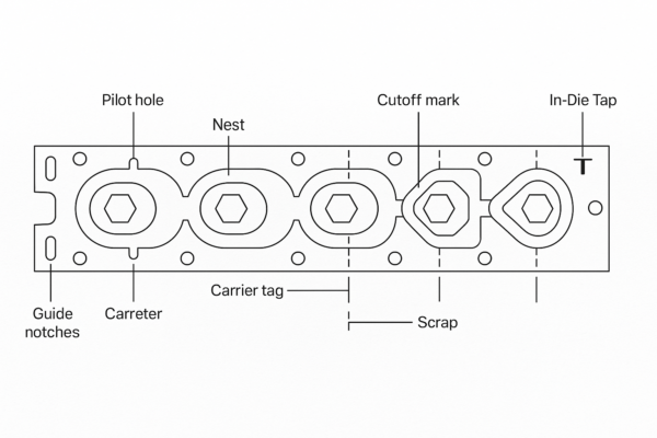 High-resolution CAD-style line drawing of a strip layout for sheet metal stamping, featuring nested parts, pilot holes, carrier tags, cut-off points, scrap areas, guide notches, and in-die tapping positions.