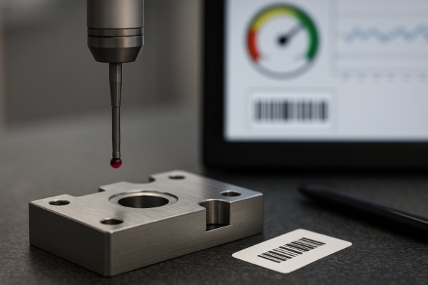 High-resolution image of a Coordinate Measuring Machine (CMM) probe inspecting a machined metal part, with a real-time SPC dashboard and barcode in the background.
