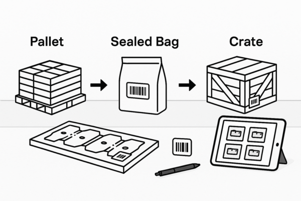 High-resolution illustration of a packaging sequence from pallet to sealed bag to wooden crate, with barcode labels and a tablet showing a photo checklist.