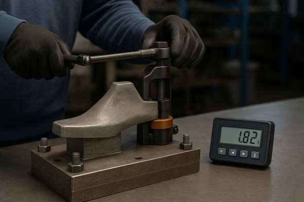 A high-resolution photograph captures a worker adjusting a torque-limiting clamp on a standard mold, with gloved hands using a torque wrench beside a digital tonnage monitor in an industrial workshop.