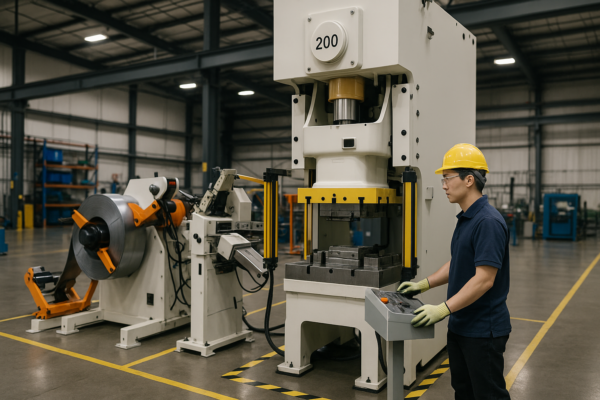 A high-resolution view of Prime’s workshop with a 200-ton servo press, automatic coil feeder, straightener, in-die vision sensors, and dual safety light curtains, operated by an Asian worker wearing PPE and standing on 5S-marked flooring.