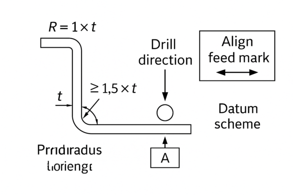 High-resolution technical illustration of a sheet metal stamping part showing bend radius equal to 1×t, hole-to-edge distance of at least 1.5×t, drill direction arrow, feed alignment marks, and clearly defined datum reference for precision tolerance.