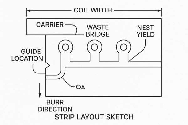 High-resolution technical illustration of a metal stamping strip layout showing coil width adjuster, carrier, guide location, waste bridge, nest yield markers, and burr direction arrows.