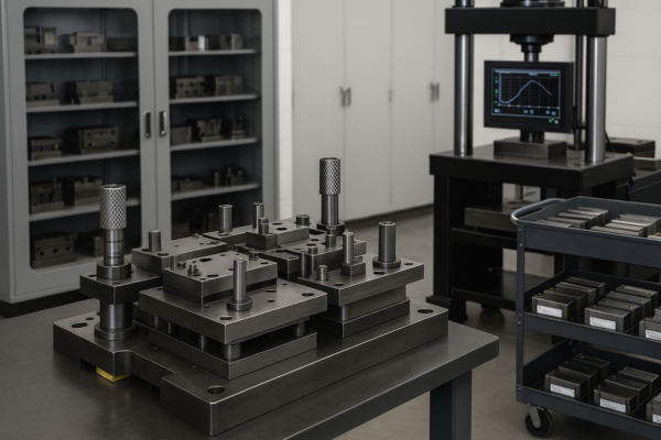 High-resolution photo of a tooling workshop with a modular stamping die set on the workbench, labeled spare inserts on a cart, electric die cabinets with glass doors, and a testing machine displaying real-time tonnage and load curves.