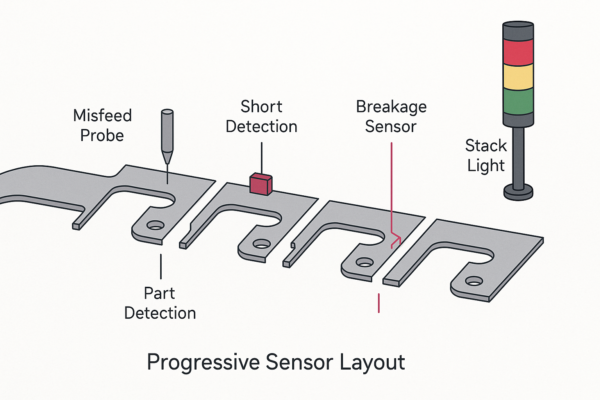 High-resolution sensor layout diagram for a progressive metal stamping die, showing misfeed probe, short detection sensor, part ejection detector, breakage sensor, and stack light with red-yellow-green indicators along a punched metal strip.