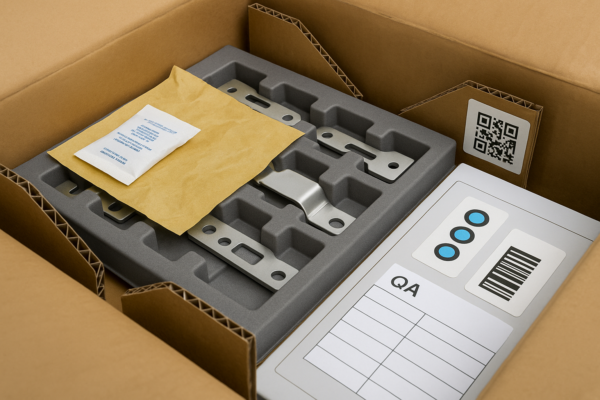High-resolution photo of custom metal stamping parts packed in a foam tray with desiccant, VCI paper, corner protectors, barcode, QR label, and humidity indicator on a QA form.