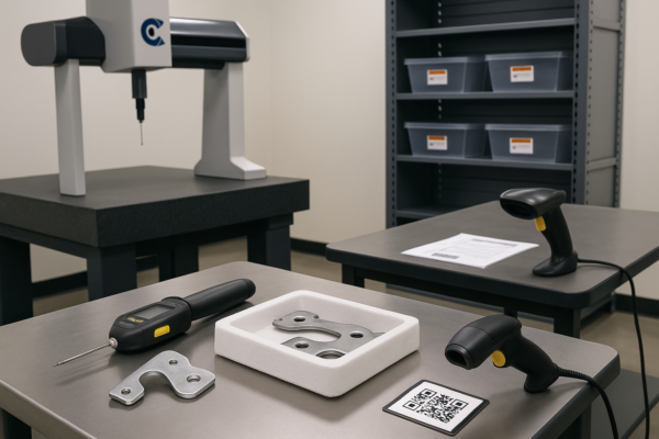 High-resolution image of a metal stamping inspection station featuring a handheld drilling gauge, CMM bridge machine, plastic bins with thermal imaging labels, and barcode scanners placed on two adjacent tables.