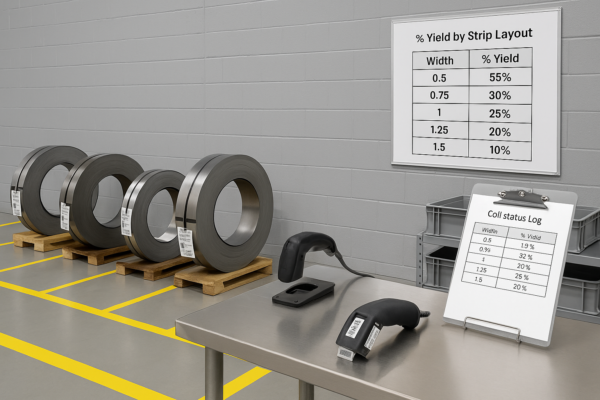 High-resolution photo of a coil storage zone with marked width lanes, slit coil ID tags, coil status log on clipboard, and a whiteboard displaying yield percentages sorted by strip layout width.