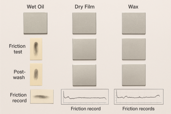 High-resolution photo comparing wet oil, dry film, and wax lubrication finishes on metal stamping samples, each with corresponding friction test prints, post-wash images, and friction record graphs displayed side by side.