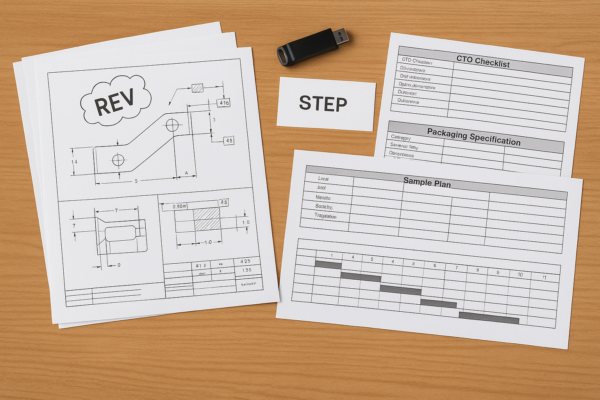 High-resolution image of a metal stamping RFQ package spread on a desk, including drawing sets with revision marks, STEP files on a USB drive, CTQ checklist, packaging specification sheet, sample plan, and Gantt timeline with PPAP milestones.