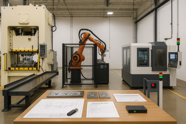 High-resolution image of an integrated stamping line showing a progressive press, robotic rivet welding cell, CNC unit, and packaging lane with QA gate and pass/fail indicator lights.