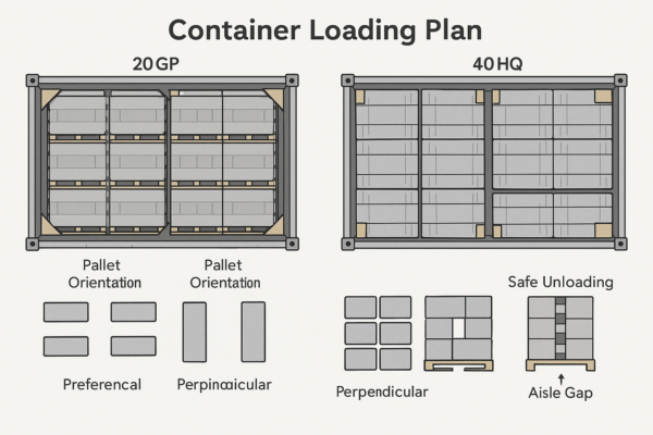 High-resolution image of a container loading plan comparing a 20GP and a 40HQ layout, featuring pallet orientation, corner board positions, safety aisle gaps, and estimated fill efficiency for metal stamping parts.