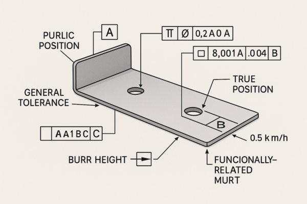 High-resolution GD&T drawing of a metal stamping bracket featuring datums A, B, and C, true position and profile callouts, general tolerance notes for non-critical surfaces, and functional burr height annotation.