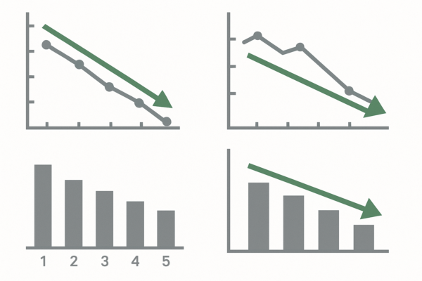 High-resolution image of a metal stamping sustainability dashboard showing monthly improvements in energy use per 1000 parts, scrap rate, and detergent chemical consumption, all indicated by downward green arrows.
