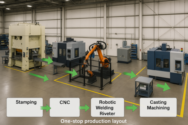 High-resolution image of an integrated one-stop metal stamping production line with stamping press, CNC machine, robotic riveting/welding cell, casting machining station, and plastic molding unit connected by directional arrows representing material flow.