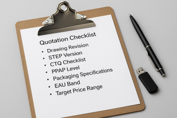 A high-resolution digital photograph shows a quotation checklist on a clipboard with a pen and USB drive nearby.