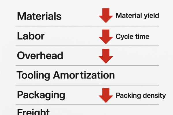 A 2D digital graphic displays a cost breakdown chart for metal stamping parts with six labeled categories: Materials, Labor, Overhead, Tooling Amortization, Packaging, and Freight. Red arrows emphasize Material Yield, Cycle Time, and Packing Density as key cost drivers.