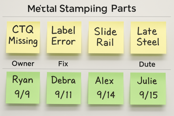 A problem-solving whiteboard with colorful sticky notes listing quality issues like CTQ missing, label error, and late steel, along with green notes assigning owners and deadlines.