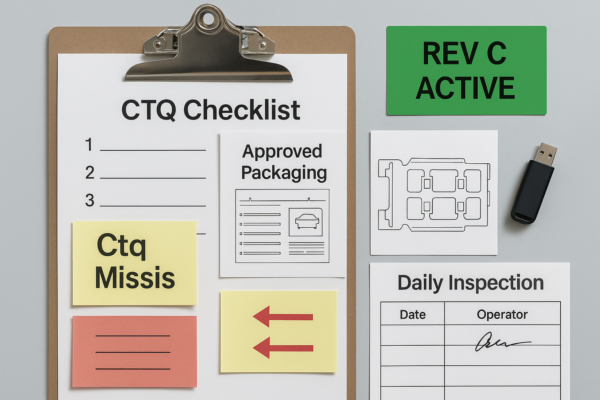 A control board in a stamping workshop displaying a layered CTQ checklist, approved packaging drawings, and a green "Rev C Active" label, with an operator signing a daily inspection box.