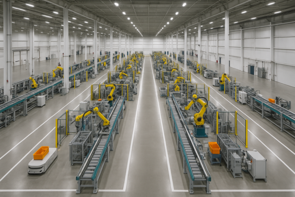 A high-resolution image of Prime’s modern workshop, showcasing 10 parallel automated production lines equipped with yellow robotic arms and conveyor systems in a clean, spacious facility with high ceilings and polished floors.