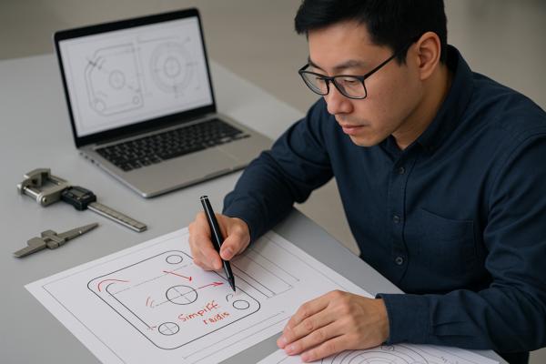 An Asian male engineer reviewing and marking design simplifications on a technical drawing during a DFM review session.