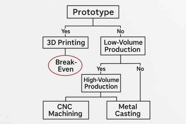 A high-resolution visual decision tree showing the process of custom metal parts manufacturing from prototype to mass production, with a marked break-even point.
