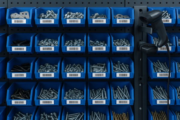 A high-resolution image of an organized metal parts storage wall with blue bins containing screws, bolts, and washers, each bin equipped with barcode labels and accompanied by a barcode scanner.