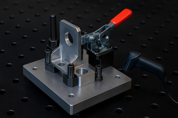 A high-resolution image of a precision welding fixture for custom metal parts, equipped with reinforced locators and a quick-release clamp.