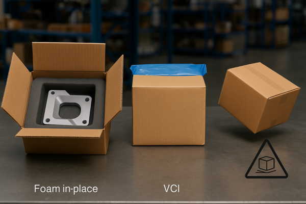 A high-resolution photo of a custom metal part packaging and transport line showing foam-in-place protection, a VCI-wrapped box, and a drop-test stage.