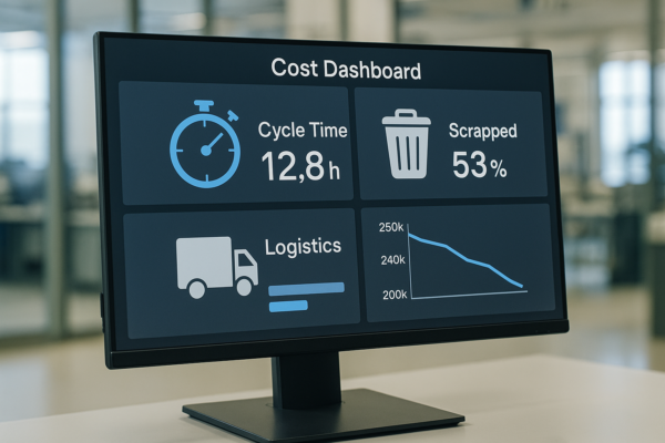 A high-resolution simulated screenshot of a cost scoring dashboard for custom metal parts, showing metrics like cycle time, scrap rate, FTY, logistics, and TCO trend without visible text.