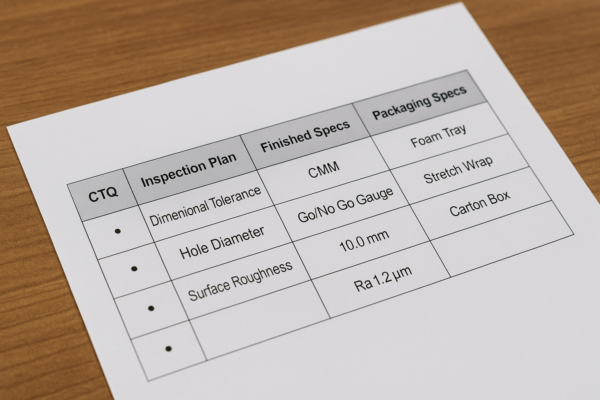 A high-resolution image of a supplier kick-off checklist for custom metal parts, showing sections for CTQ, inspection plan, finished specifications, and packaging specifications.