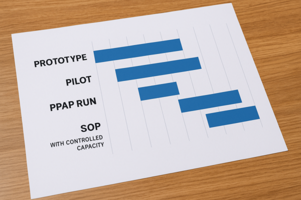 A high-resolution image of a printed timeline for a metal custom parts ramp-up plan, showing phases for prototype, pilot, PPAP run, and SOP with controlled capacity.
