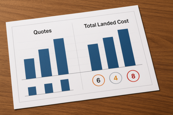 A high-resolution image of a printed comparison chart for custom metal parts, showing quotes, total landed cost, and risk scores without visible text.