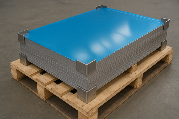 Stack of stainless steel sheets with blue protective film and metal corner protectors on a wooden pallet in a warehouse.