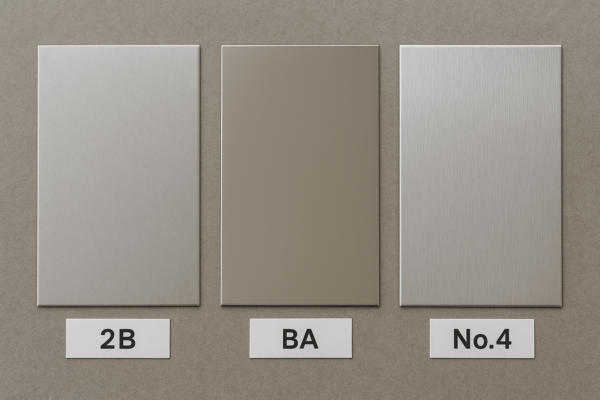 Three stainless steel sheet samples with 2B, BA, and No.4 finishes displayed side by side under identical lighting.