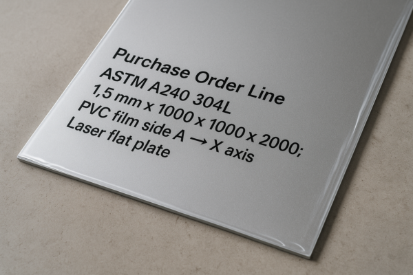 A stainless steel sheet with PVC protective film, representing ASTM A240 304L 2B finish, 1.5 mm thickness, 1000 x 2000 mm size, grain aligned along the X-axis, prepared as a laser flat plate.