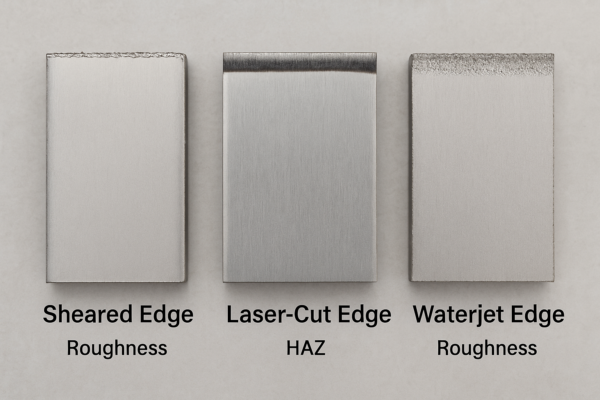 Three stainless steel samples showing edge differences from shearing, laser cutting, and waterjet cutting under the same lighting.