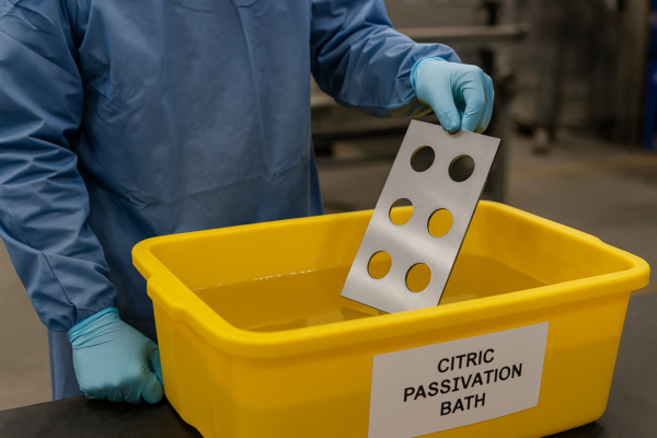 Technician in PPE immersing a laser-cut 304 stainless steel sample into a citric acid passivation bath in an industrial workshop.