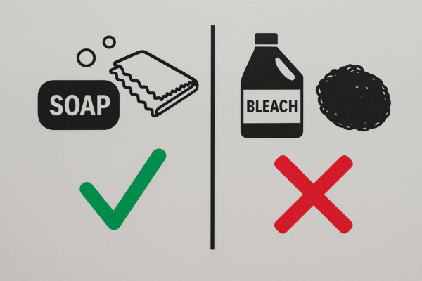 Panel showing correct cleaning method with neutral soap and microfiber cloth (check mark) versus incorrect cleaning with bleach and steel wool (cross mark).